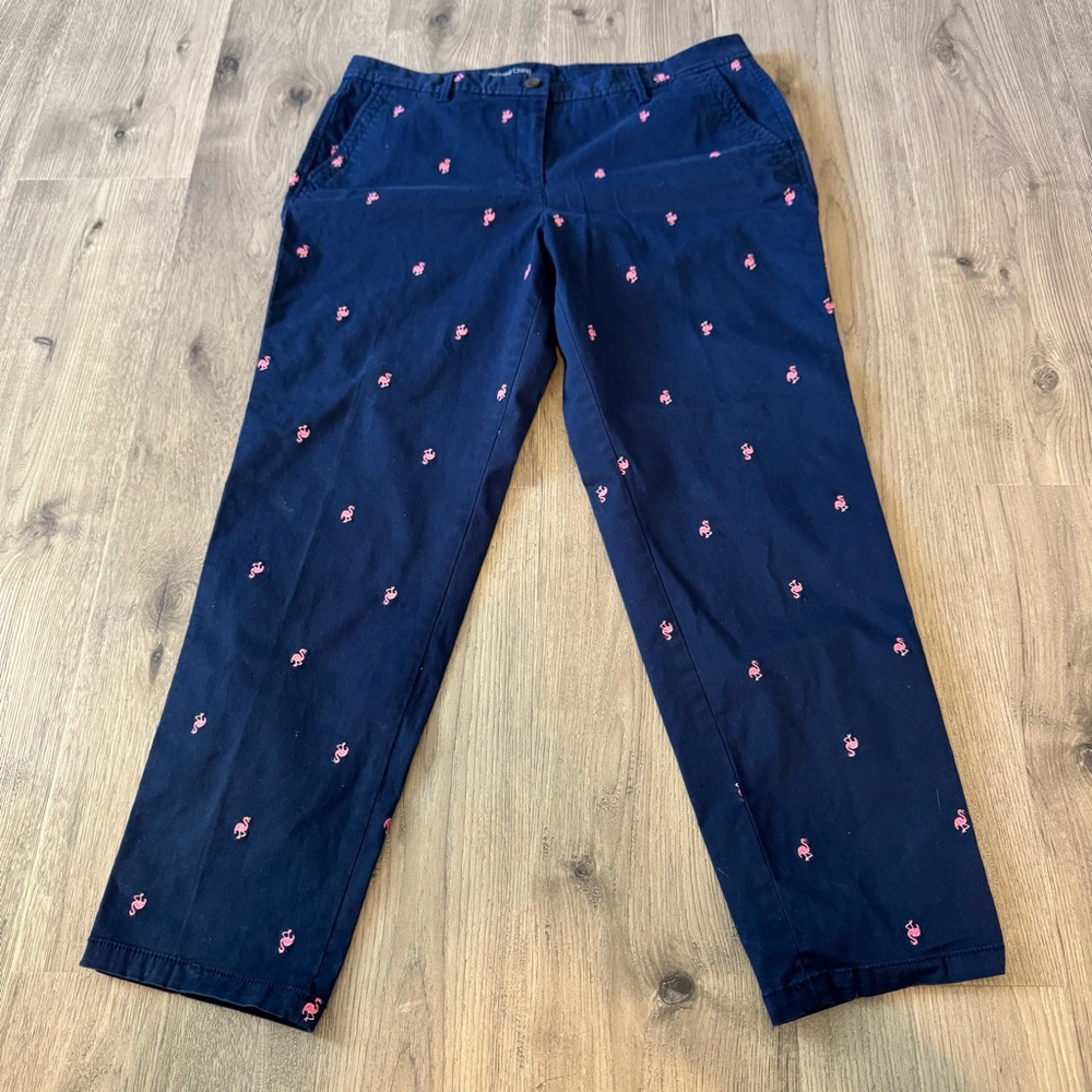 Talbots Navy Blue Relaxed Chino Pants with Pink Flamingo Embroidery Size 12